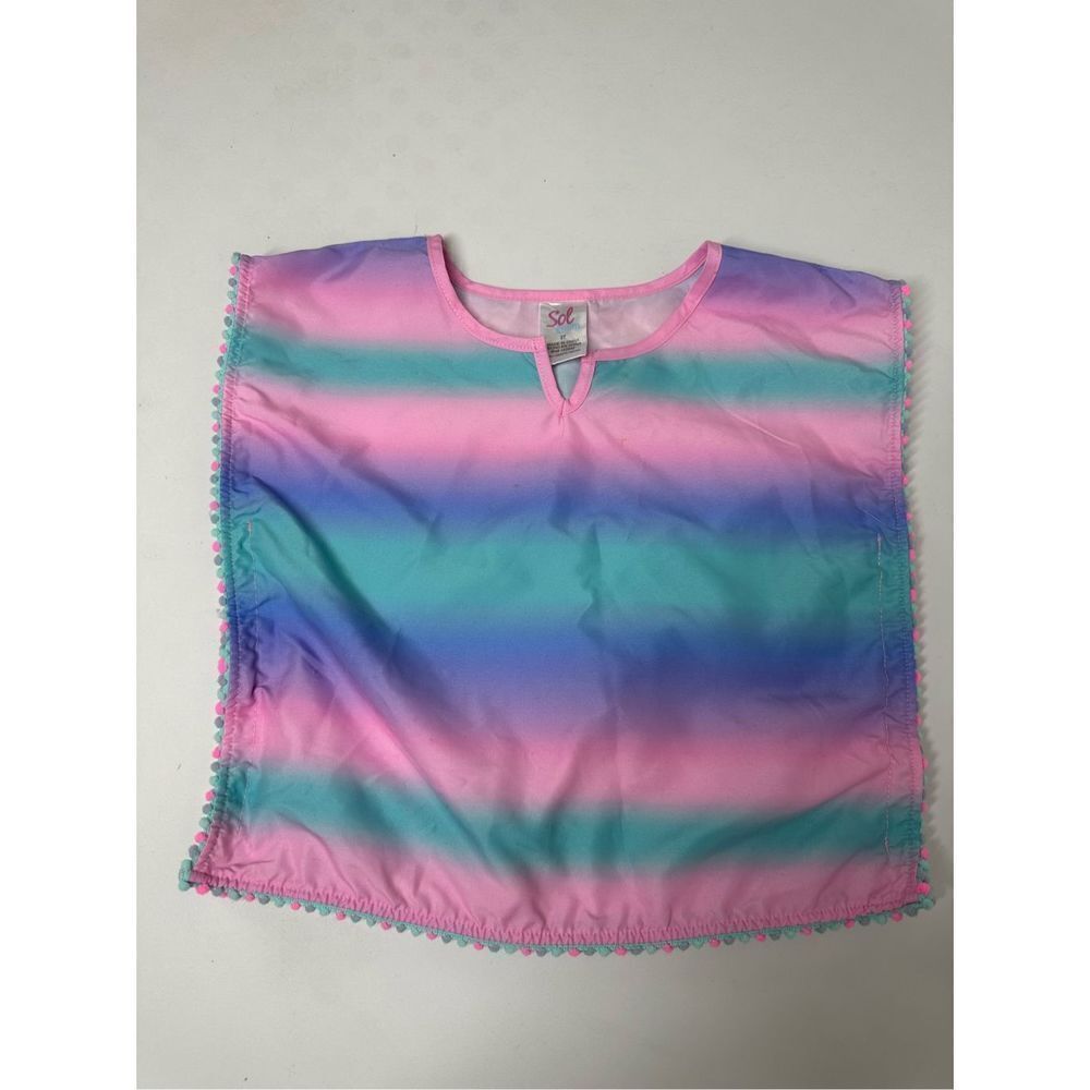 Swim Sol  Girls Swim Cover-up Sz 2T  Pom Poms Ombre Beach Pool Pink Blue